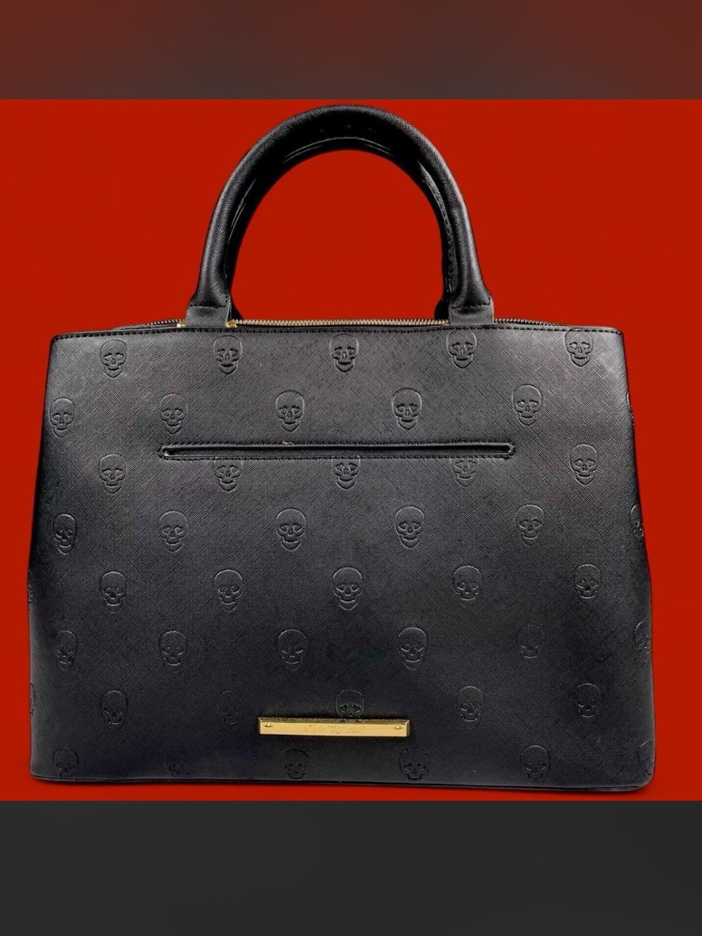 Betsey Johnson Black Embossed Skull Satchel with Gold Accent